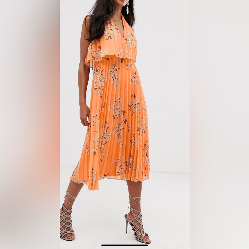 ASOS Midi Halter Pleated Tiered Floral Print Apricot Flowy Beachy Dress